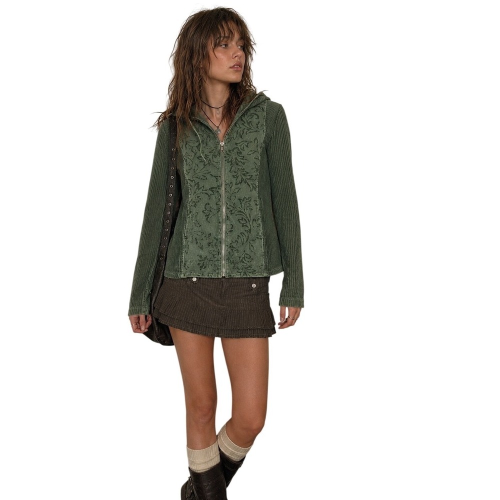 PRODUCE COMPANY 90s Sage‎ Green Whimsy Corduroy Hoodie Jacket indie sleaze S